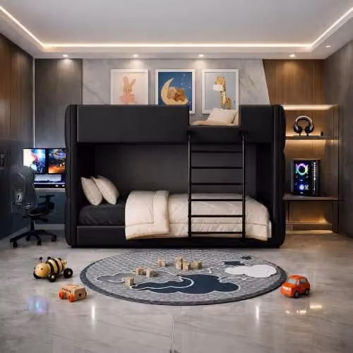 Harmin Black Faux Leather Single Bunk Bed with Modern Upholstered Design, W/D/H: 90 x 200 x 152.5 cm – 4