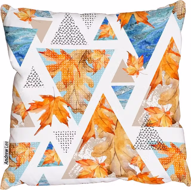 Andrew Lee Autumn Triangles with Maple and Oak Leaves Cushion, Orange, W/D/H: 60 x 60 x 60 cm