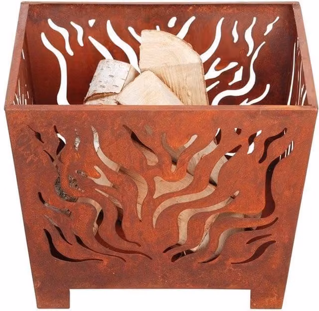 Fallen Fruits Square Metal Fire Basket in Brown Rust Effect, W/D/H: 39 x 39 x 39 cm