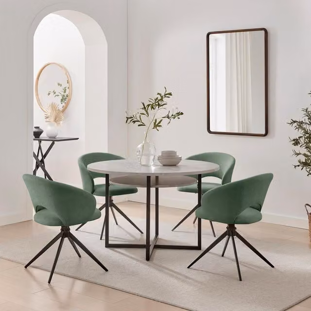 Furniturebox UK Adley Round Grey Concrete Effect Dining Table with 4 Anika Green Swivel Chairs