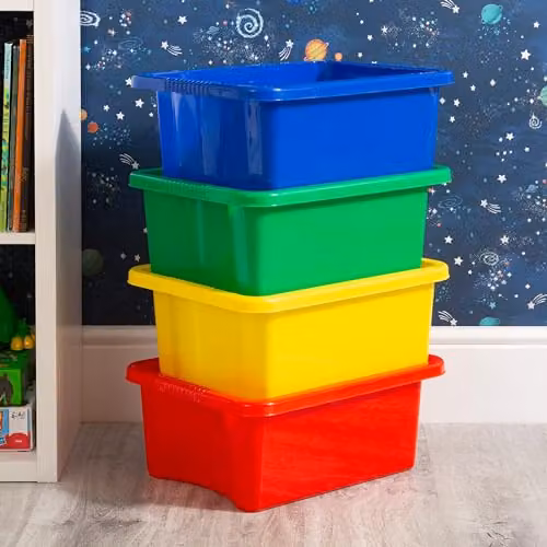 Wham Stack & Store 4 x 16L Plastic Storage Boxes with Handles in Mixed Colours (Blue, Green, Red, Yellow) – 4