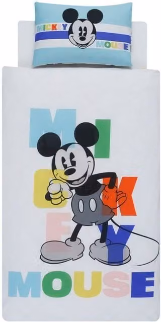 Disney Mickey Mouse Reversible Cotton Duvet Cover and Pillowcase Set, White, Blue and Green, W: 90 cm, L: 190 cm