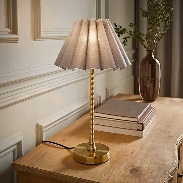Maeve Brushed Gold Bobble Table Lamp with Grey Pleated Tapered Fabric Shade
