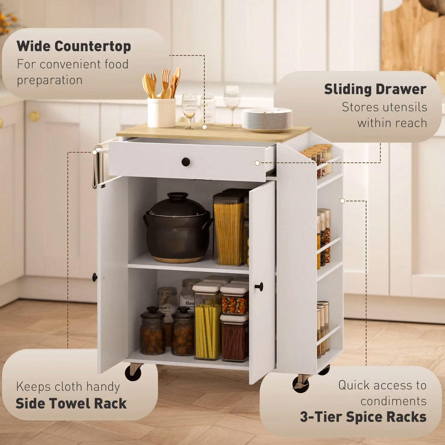 HOMCOM Kitchen Island with 3-Tier Spice Rack and Towel Rack, White – 3