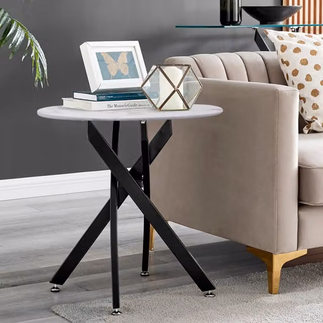 FurnitureboxUK Novara Round Side Table with White Marble Effect Glass Top and Black Metal X-Frame Legs