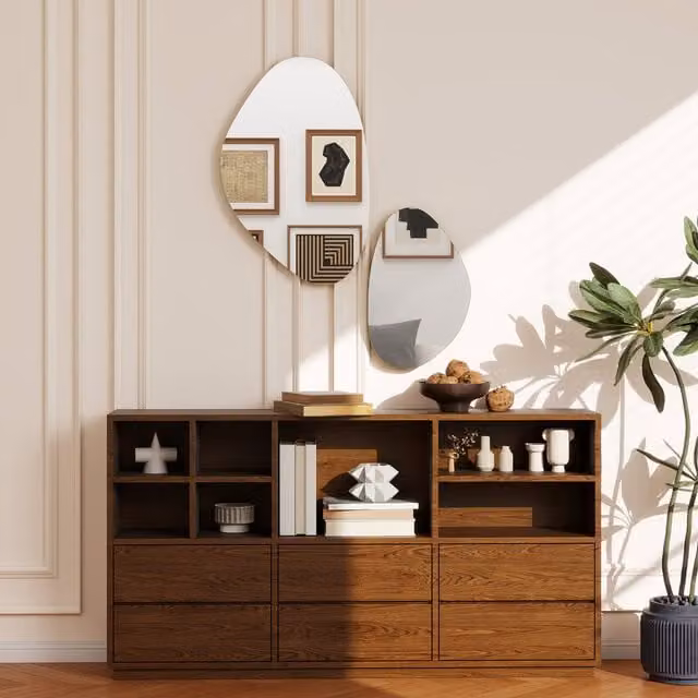 HOMCOM Set of 2 Pebble-Shaped Modern Wall Mirrors in Gold Tone