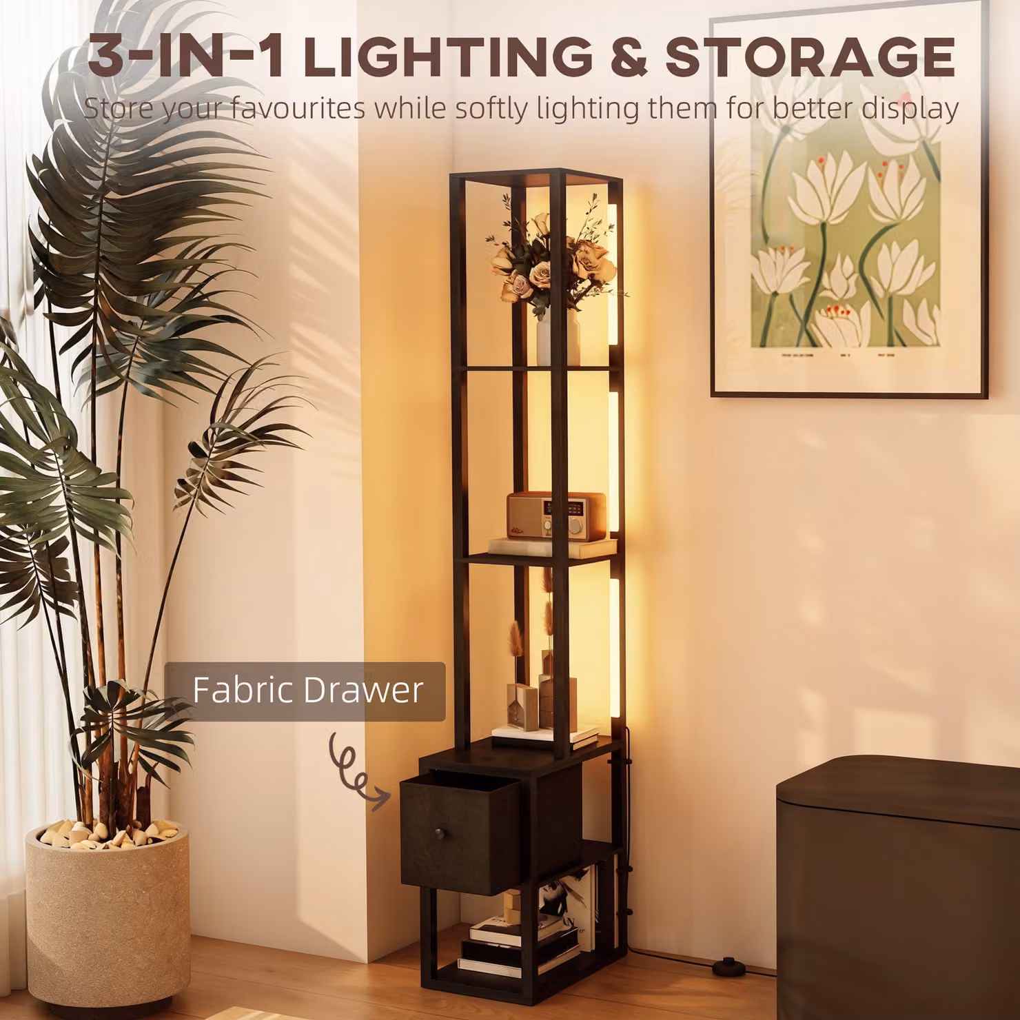 HOMCOM Modern LED Floor Lamp with Shelves and Fabric Drawer, Dimmable Column Standing Lamp in Black – 4
