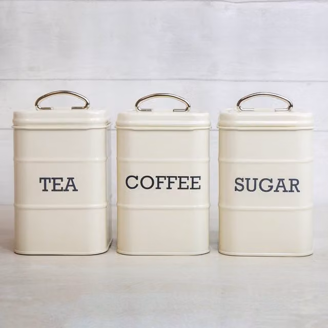 Living Nostalgia Antique Cream Tea, Coffee and Sugar Canister Set in Beige Stainless Steel with Airtight Lids