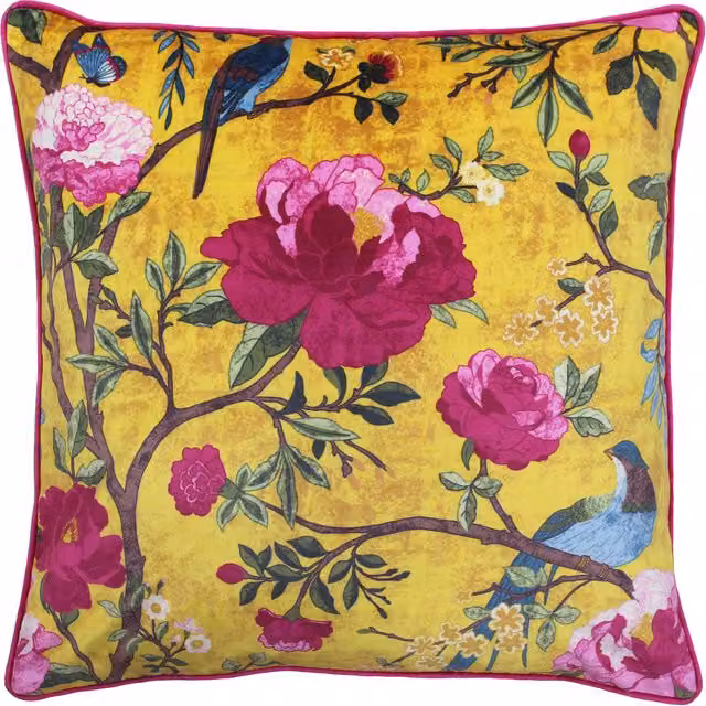 Paoletti Chinoiserie Floral Velvet Cushion in Gold, Pink and Yellow