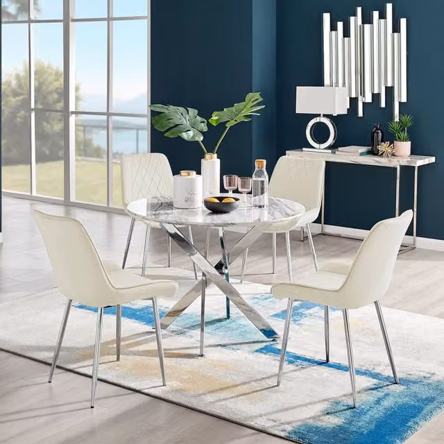 FurnitureboxUK Novara White Marble Effect Round Dining Table and 4 Pesaro Silver Chairs Set in Cream and White