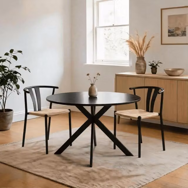 Home Source Eira Modern Round Metal Dining Table and 2 Black Chairs Set, Diameter: 120 cm