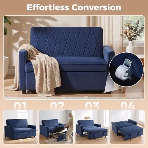HOMCOM 2 Seater Velvet Sofa Bed in Dark Blue, 3-in-1 Click-Clack Sleeper Loveseat with Solid Wood Frame – 4
