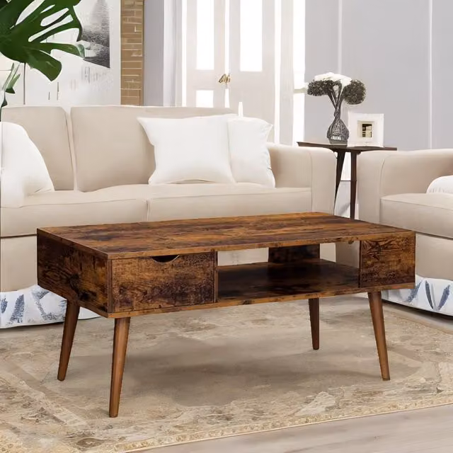Rafaelo Mobilia Brown Rustic Coffee Table with Drawer and Storage – 1