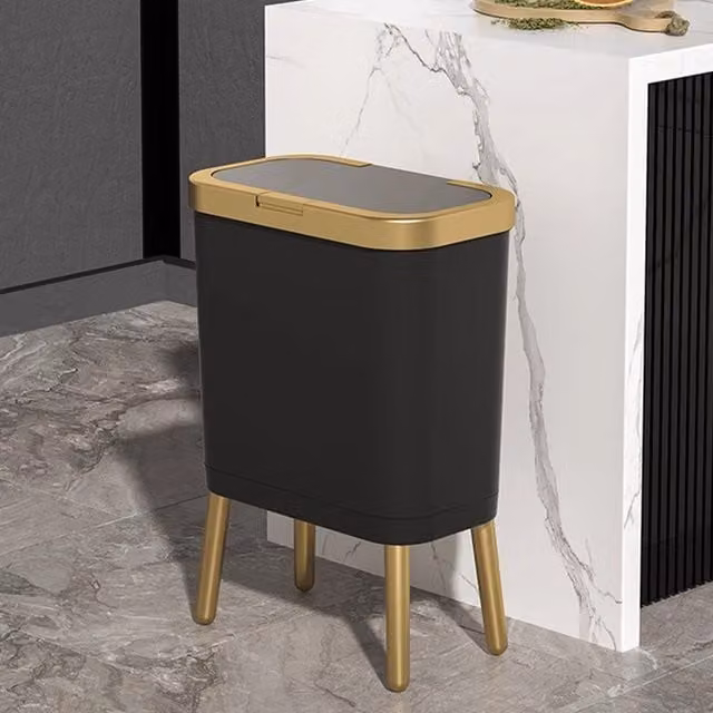 Livingandhome Touch Rubbish Bin with Lid and Hidden Bag Ring in Black and Gold