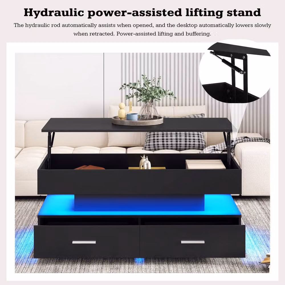 STILVORA Modern Black Lift Top Coffee Table with LED Storage and 2 Drawers – 5