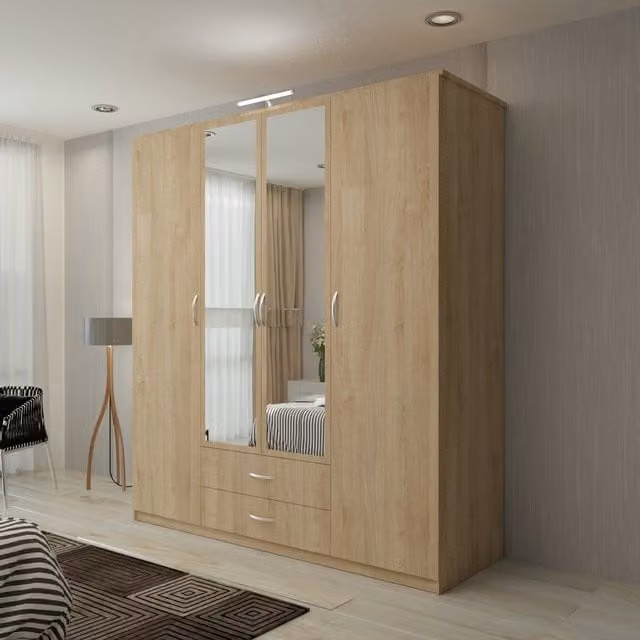 Sliding Wardrobes 4U Modern 4 Door Hinged Wardrobe with LED Light and Integrated Drawers in Light Oak, W: 171 cm, H: 198 cm