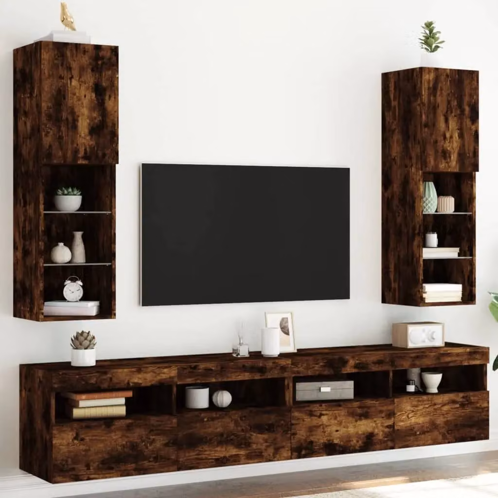 Berkfield Home Set of 2 Modern TV Cabinets with LED Lights in Smoked Oak Brown, W/D/H: 30.5 x 30 x 102 cm – 3