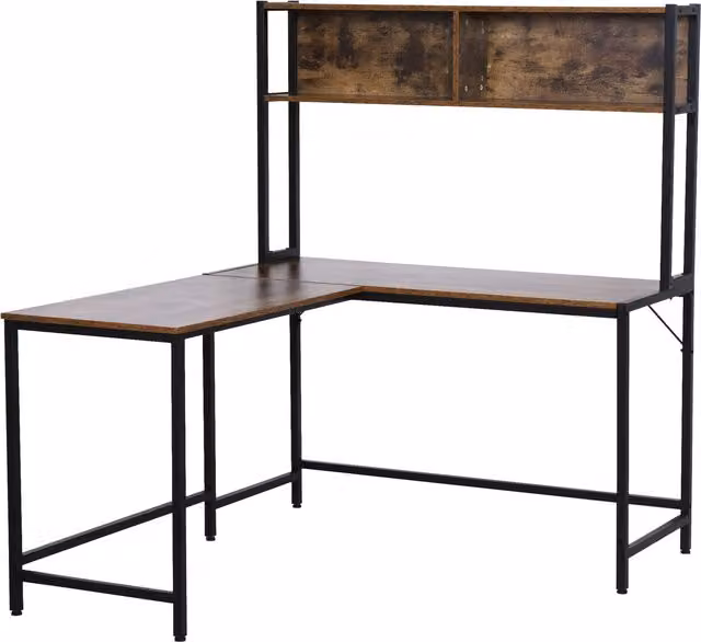 HOMCOM Industrial L-Shaped Corner Work Desk with Storage Shelf, Brown – 2
