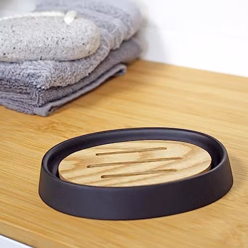 Showerdrape Sonata Black and Bamboo Resin Bathroom Accessory Set with Soap Dish and Toothbrush Holder – 3