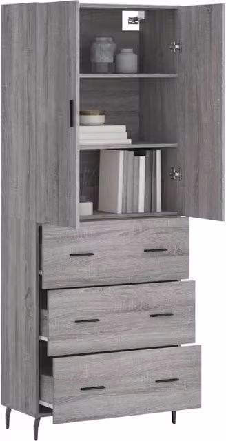 Berkfield Home Grey Sonoma Highboard with Hinged Doors and Internal Shelves, W/D/H: 69.5 x 34 x 180 cm