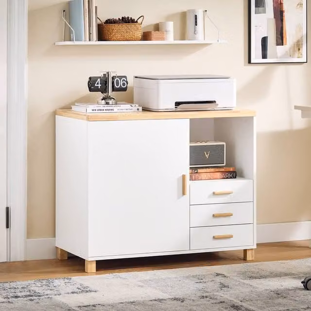 SoBuy Scandinavian Style Office Storage Cabinet with 3 Drawers and Open Shelf in Matt White