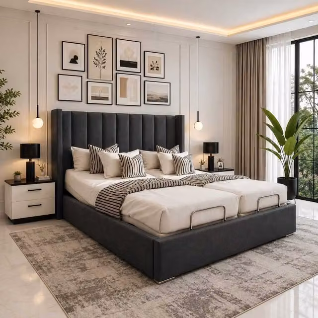 Swan Electric Adjustable Bed with Foam Mattress and Upholstered Headboard in Dark Grey