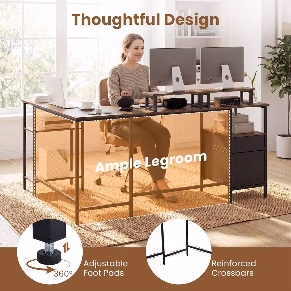 Costway L-shaped Reversible Corner Desk with Power Outlets in Brown – 6