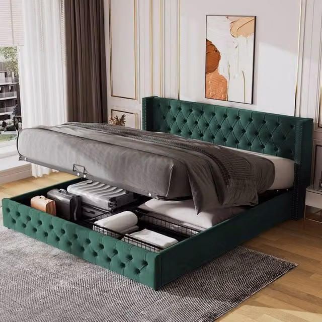 Rolipo Modern Upholstered Velvet Double Bed in Green with Lift Up Base, W/D/H: 140 x 200 cm – 1