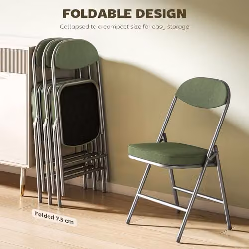 HOMCOM Set of 4 Stackable Folding Chairs with Fabric Padded Seats and Metal Frame in Green – 4