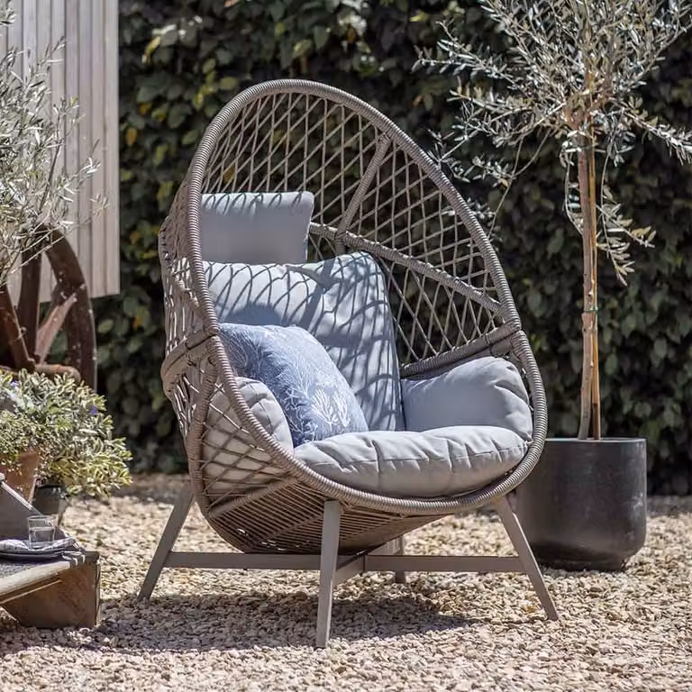 Leisure Grow Lauren Cocoon Chair in Sand and Grey Rattan with Metal Frame