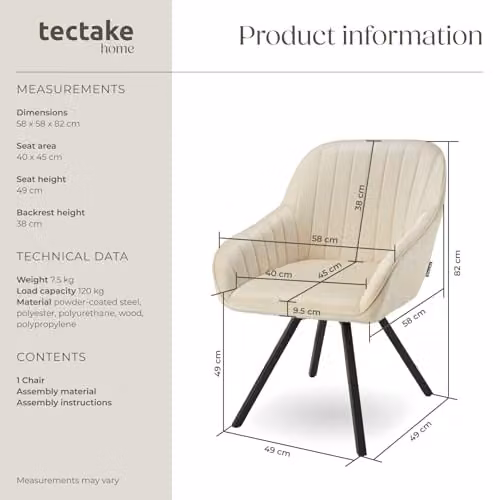 tectake Cream Velvet Swivel Armchair with Metal Frame and Foam Padding – 3