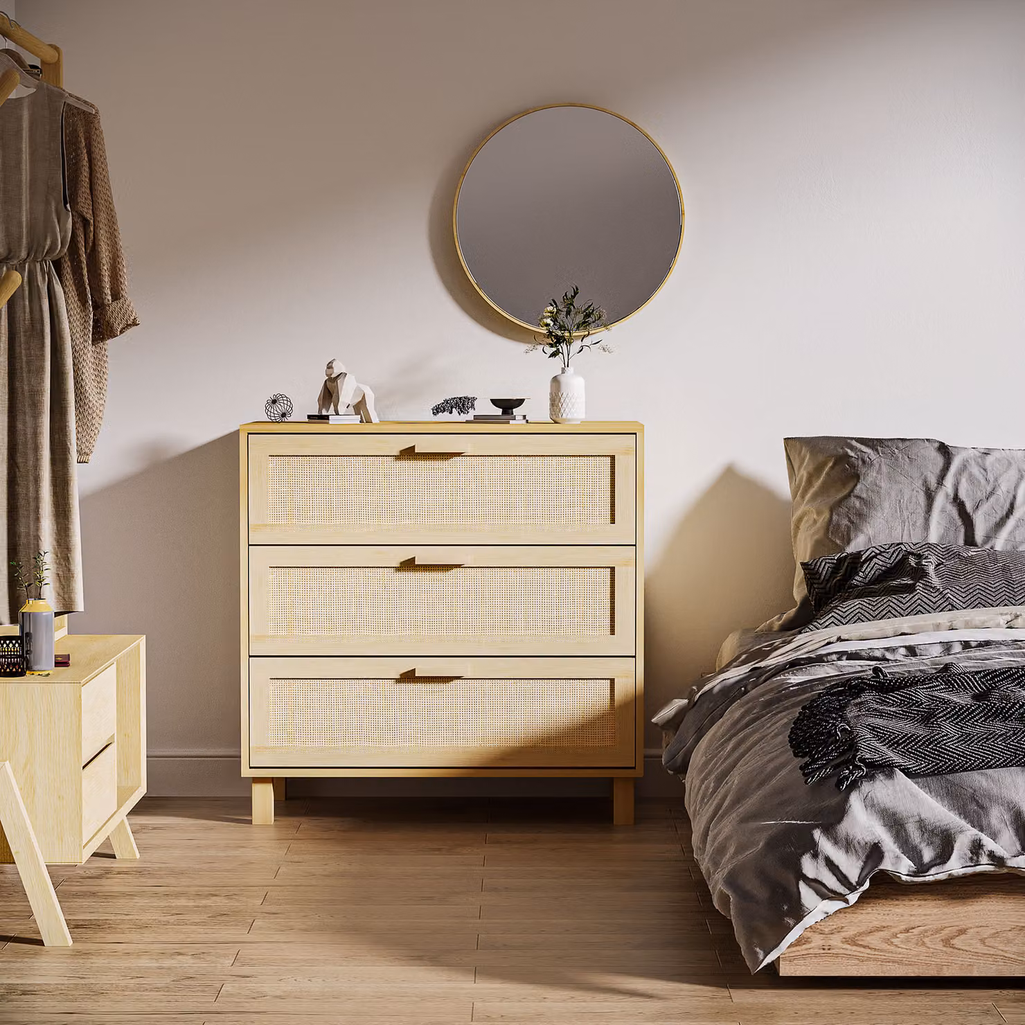 HOMCOM Scandinavian Style 3-Drawer Beige Rattan and MDF Storage Unit for Bedroom or Living Room – 4
