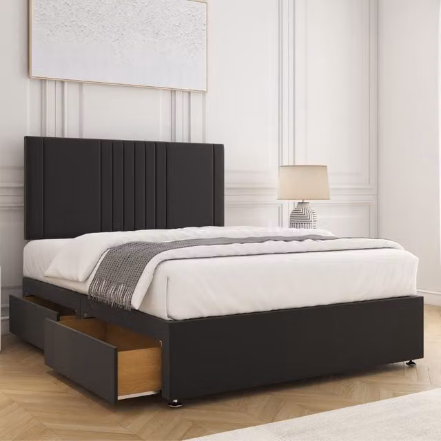 BSSPOKE Monaco Velvet Divan Bed Set with 24 inch Headboard, 2 Drawers and Mattress, Black, W/D/H: 180 x 200 cm – 1