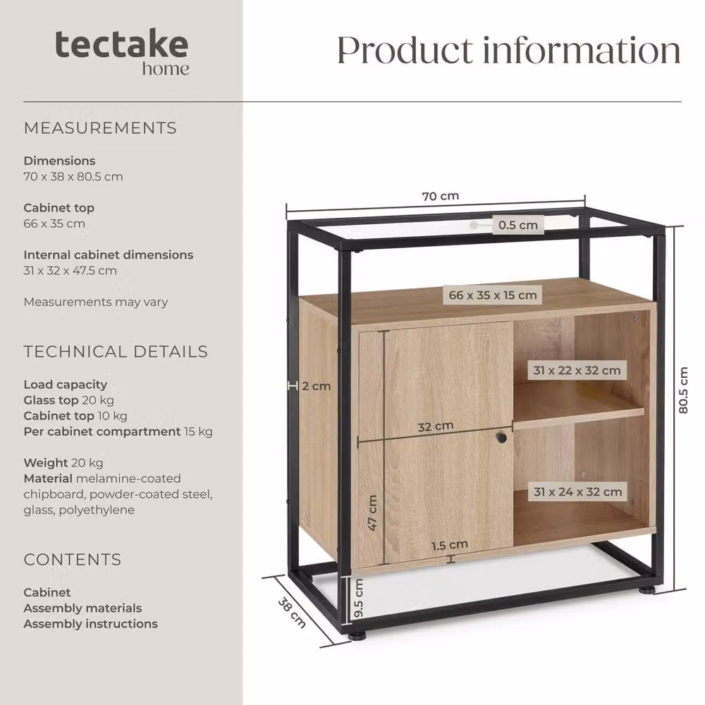 tectake Coventry Sideboard in Light Oak with Glass Tabletop and Open Shelves – 6