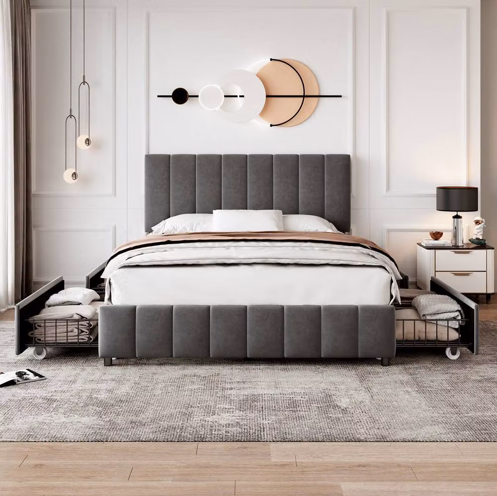 STILVORA Double Upholstered Velvet Bed with Storage Drawers in Grey, W/D/H: 140 x 200 cm – 2