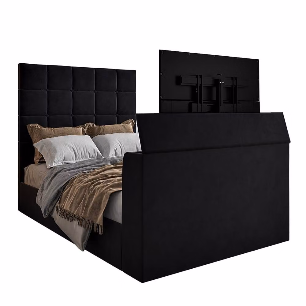 KDMD Woolverstone Black Velvet Upholstered TV Bed Frame, W/D/H: 120 x 200 x 152 cm – 2