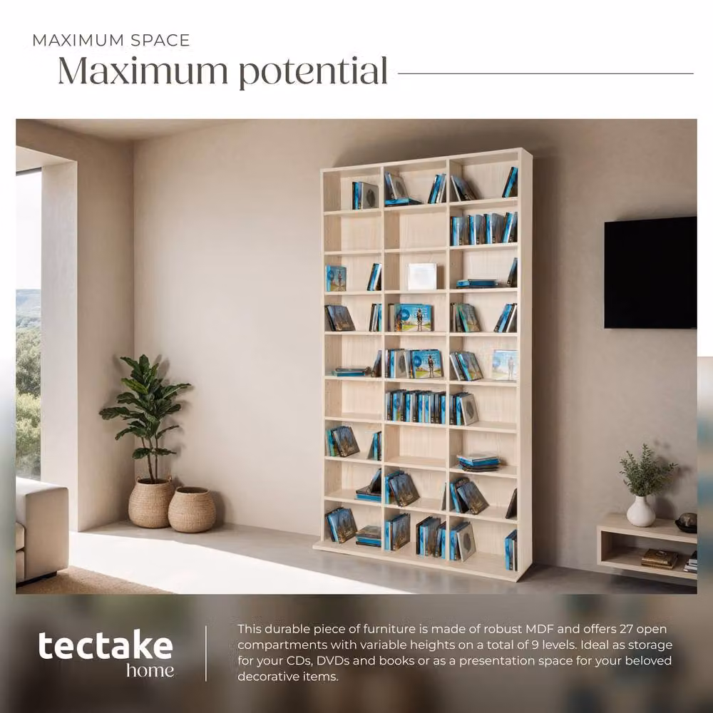 tectake Christel CD Shelf Unit in Brown with 27 Compartments and Adjustable Shelves – 2