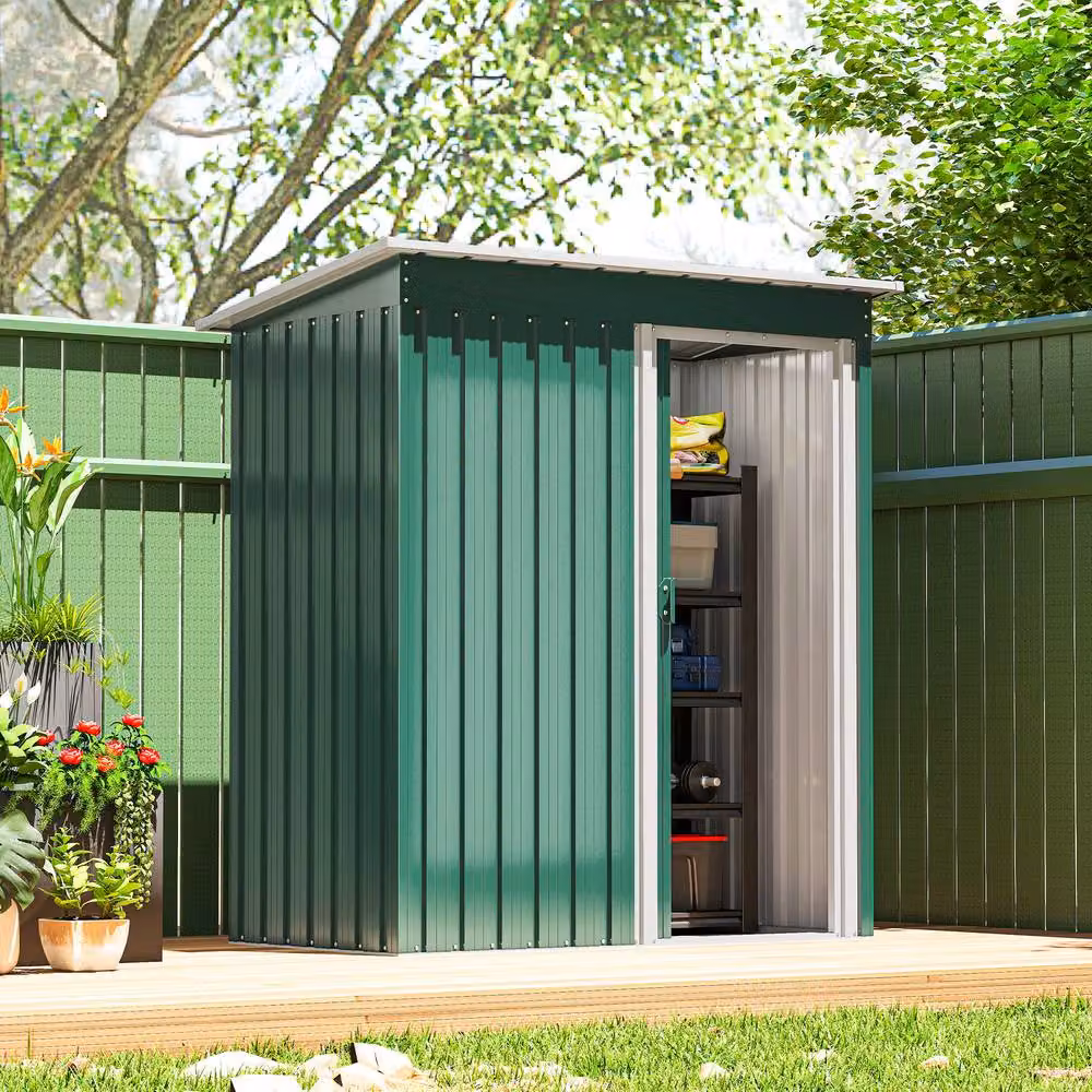 Rolipo Green Metal Pent Garden Shed with Sliding Door, W/D/H: 152.4 x 91.44 x 182.88 cm – 3
