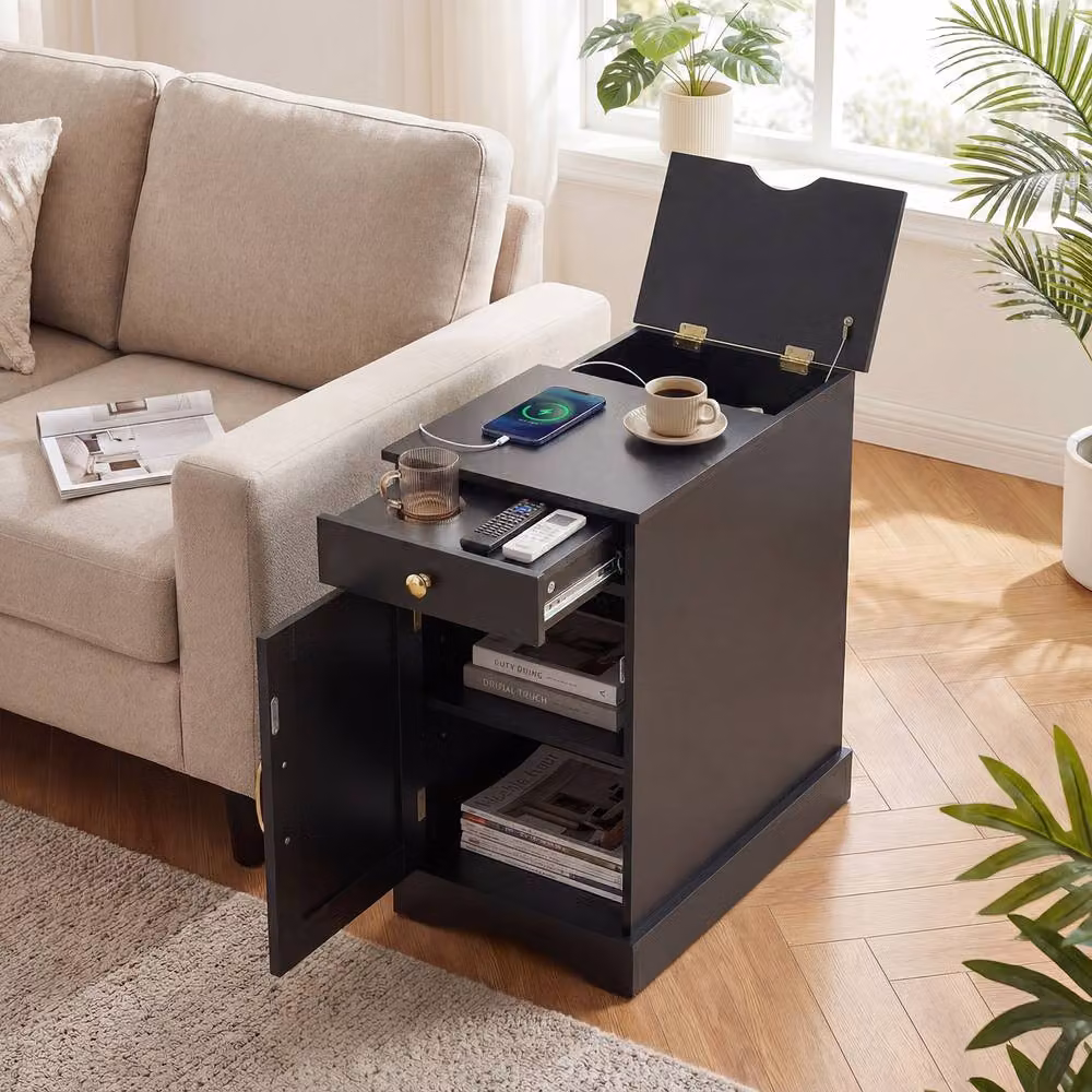 Costway Black End Table with Charging Station and Drawer – 4