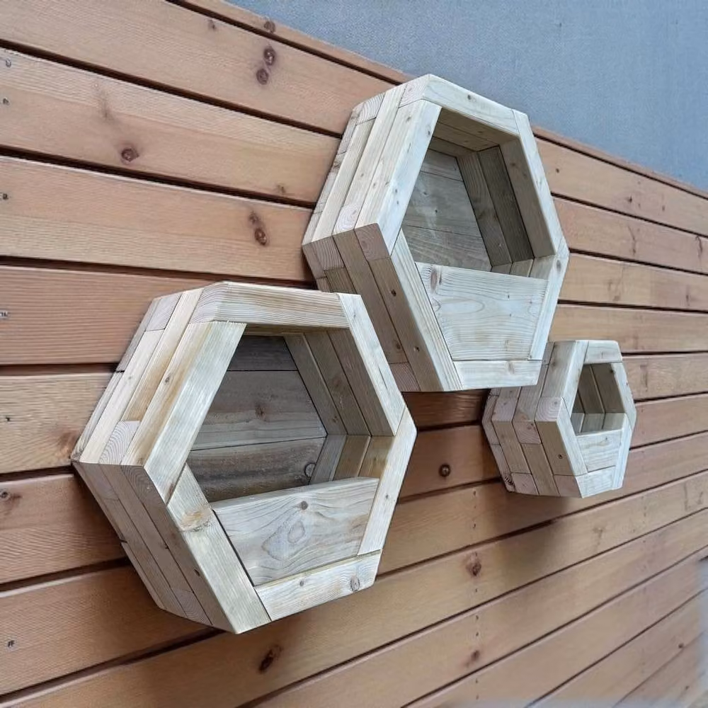 Buttercup Farm Hanging Wooden Hexagon Wall Planter Set of 3, Brown, W: 34 cm, D: 16 cm, H: 30 cm – 4