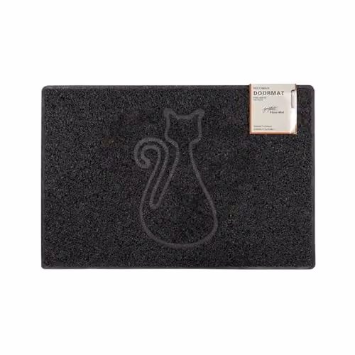 Oseasons Medium Embossed Cat Doormat in Black, Spaghetti Coil Vinyl with PVC Backing, W/D/H: 75 x 44 x 1 cm