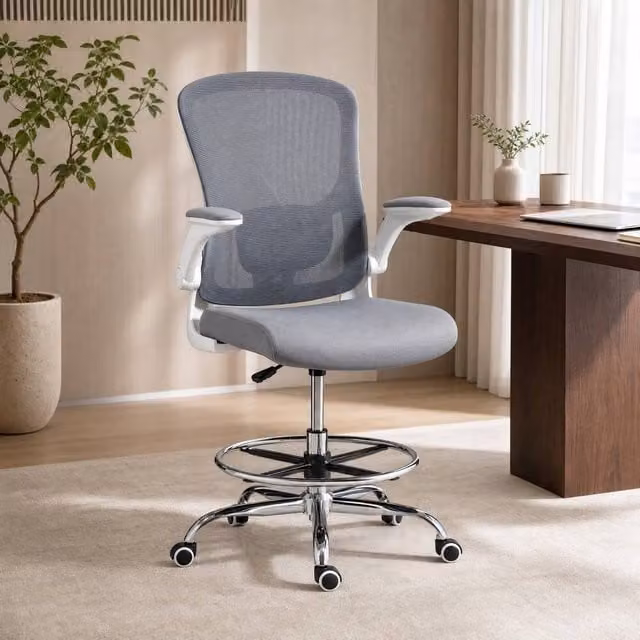 STILVORA Grey Fabric Draughtsman Chair with 360 Degree Swivel, Armrests and Castors