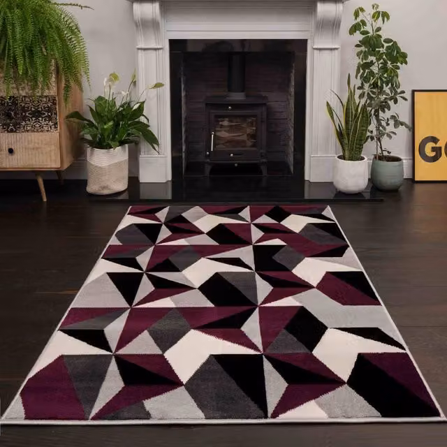 The Rug House Modern Diamond Geometric Living Room Rug in Purple and Grey, W: 110 cm, D: 60 cm