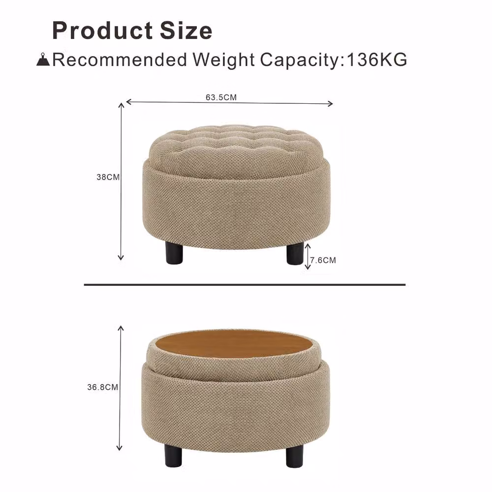 Rolipo Camel Round Storage Ottoman with Removable Tray and Fabric Cover in Brown and Beige – 2