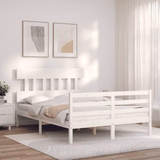 Berkfield Home Beautiful Solid Wood Bed Frame with Headboard in White, W/D/H: 140 x 200 x 81 cm – 1
