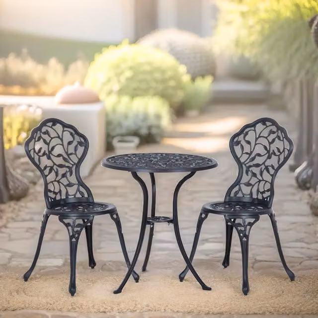 FURNOS Set of 3 Black Cast Aluminium Bistro Table and Chairs with Floral Leaf Design