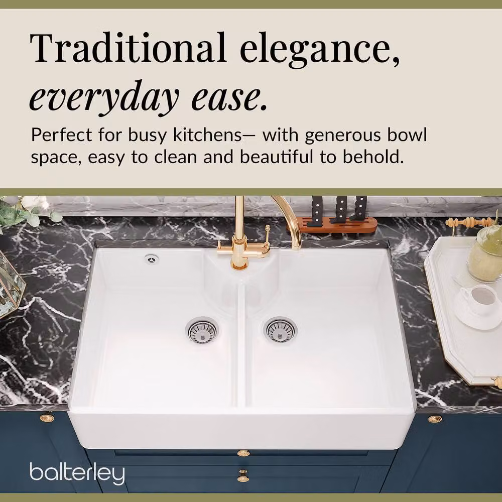 Balterley White Fireclay 2 Bowl Butler Sink with Stepped Weir Wastes W: 89.5 cm, D: 55 cm, H: 22 cm – 3