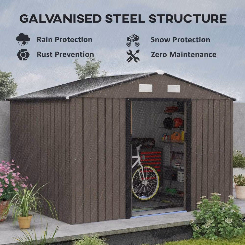 STILVORA Metal Pent Garden Shed in Brown with Lockable Double Doors, W/D/H: 274.32 x 184.0 x 192.0 cm – 4