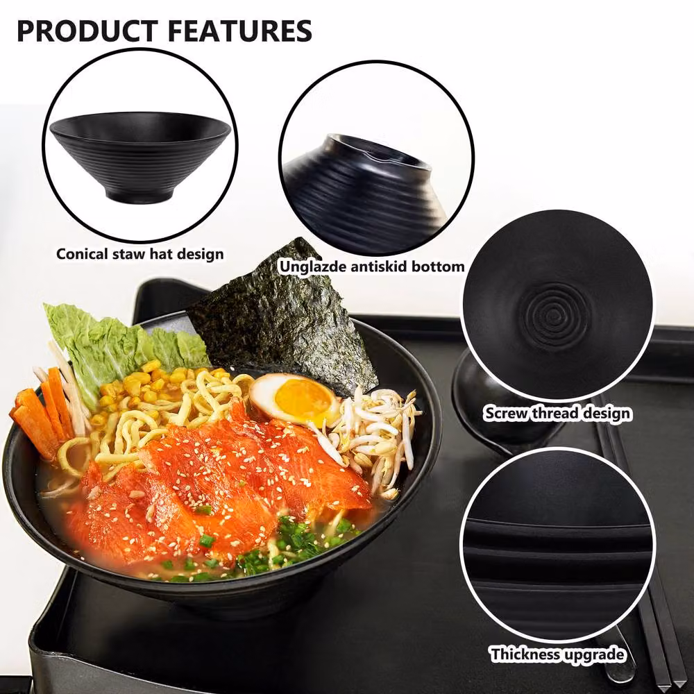 Greentainer Large Japanese Noodle Bowl Set with Chopsticks and Spoons in Black Melamine – 7