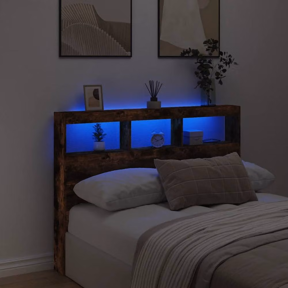 Berkfield Home Headboard Cabinet with LED in Smoked Oak Brown, W/D/H: 140 x 17 x 102 cm – 3